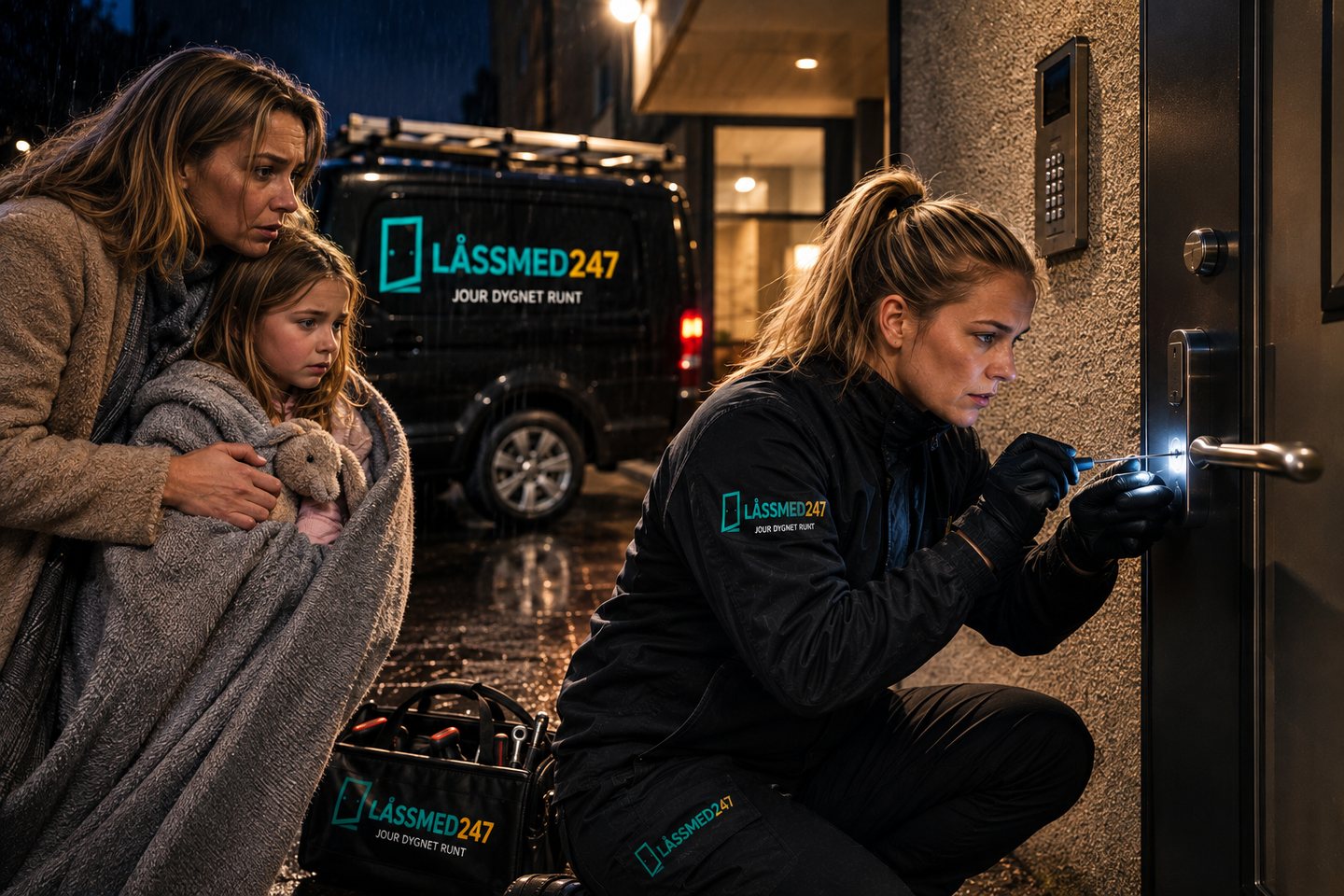 Familj väntar vid entrén medan ett akut låsärende hanteras i regn och mörker